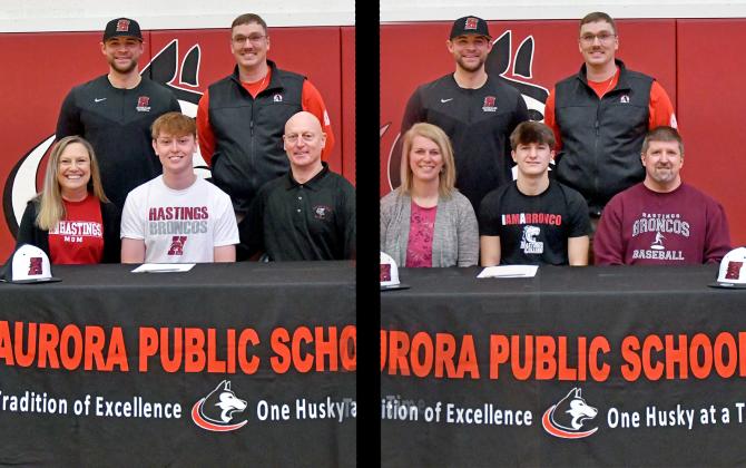 At left: Camden Holliday signed with Hastings College for baseball alongside his parents, Gregg and Roxann, Aurora Post 42 coach Jeremy Burgener and Hastings coach Joel Schipper. At right: Devin Otto signed with Hastings College for baseball alongside his parents, Jay and Michelle, Aurora Post 42 coach Jeremy Burgener and Hastings coach Joel Schipper.