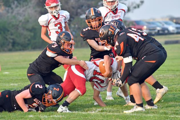 The Giltner defense swarms in a 48-16 loss on Homecoming Thursday to St Mary's. 
