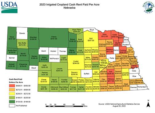 Irrigated cropland in Nebraska commanded the highest prices for cash rent in 2023, ranging from a low of $153 an acre in the northern Panhandle to a high of $350 an acre in northeastern counties. 
