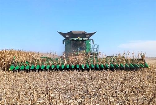 When using this new 27-row header constructed by Bish Enterprises of Giltner, the John Deere X9 combine can harvest up to 7,357 bushels of corn per hour traveling at a speed of six mph. 