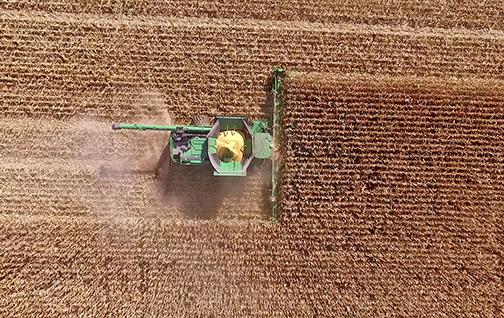 A new header built by Bish Enterprises of Giltner chews through 27 rows of corn in a field in northeastern South Dakota. The header built for a John Deere X9 combine was constructed using components from two new folding headers, one 18 rows wide and the other 12 rows wide. 