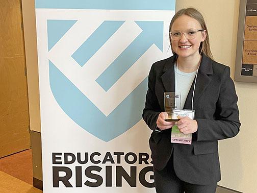 Educators Rising participant Macy Miller of Hampton High School recently competed in the Impromptu Speech contest at the state Educators Rising Conference in Fremont and took second place, qualifying her to go to the national conference.