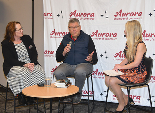 Aurora Chamber of Commerce Executive Director Tamar Jimenez, right, hosted a panel discussion Thursday with Lisa Tschauner, left, and Tom Field, both entrepreneurship professors at UNL.