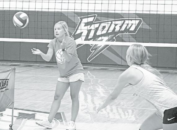 Brittany Klingsporn leads the High Plains volleyball team through drills during the first week of practice last week. News-Register/Richard Rhoden