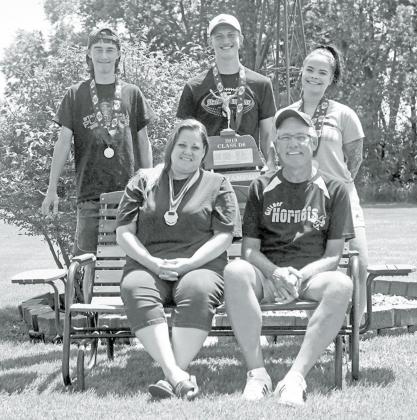 Pictured from left, winners of six state championship victories in football and volleyball, are Noah Roberts, Andrea Omel, Colton Roberts, Skeeter Omel and Madison Omel. News-Register/Richard Rhoden