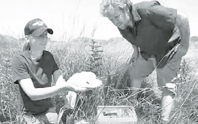 Sarah Bailey (left) shows Jeff Gustafson a bumblebee in the aptly named video, “Jeff sees a bumblebee.” Courtesy photo