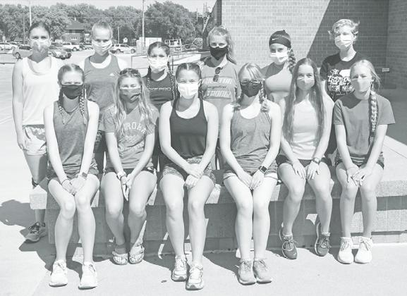 Members of the 2020 Aurora girls cross country team include front from left: Elena Kuehner, Sidney Dyer, Hannah Donnell, Claire Jensen, Kaitlyn Oswald, Taylor Pickinpaugh. Back row: Sarah Springer, Ayeanna Smith, Natalie Bisbee, Kim Evans, Laighla Rice, Hannah Spiehs. News-Register/Jeni Moellenberndt