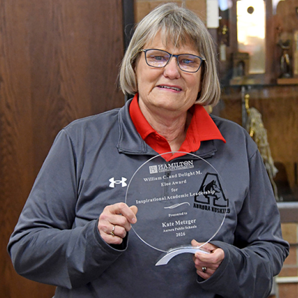 Aurora band teacher Kate Metzger is the latest recipient of the William and Delight Eloe Award for Inspirational Academic Leadership presented by the Hamilton Community Foundation. This year’s award was announced at the annual Aurora Schools Appreciation Luncheon held on the last day of school, Tuesday, May 19. 