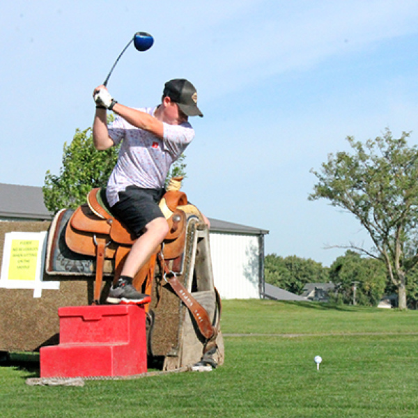 One of the holes golfers can expect at Saturday’s Hunter “HD” Hogan Foundation event is No. 6, where they will need to mount a saddle before taking their first swing.