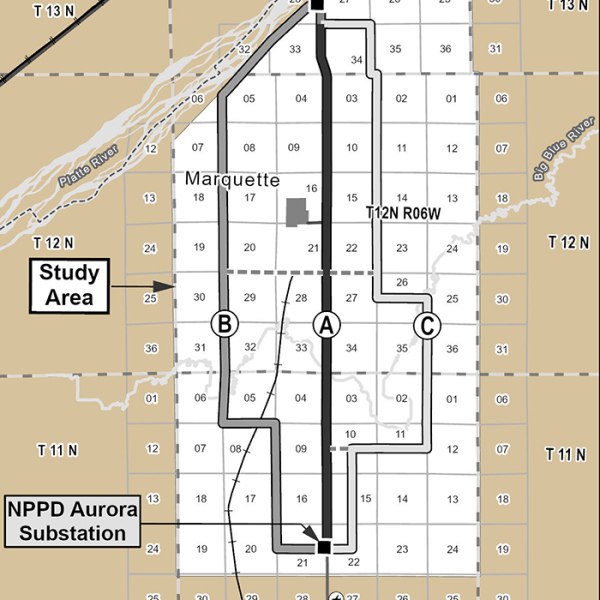 This map shows the three routes being considered for a proposed transmission line between Aurora and Central City.