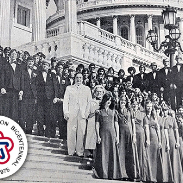 Members of the Aurora High School Band pose on the steps of the U.S. Capitol Building during their whirlwind trip to Washington D.C. and Philadelphia, Pa. where they performed several concerts for Bicentennial observances.  This photo appeared in a July issue of the News-Register in 1976. 