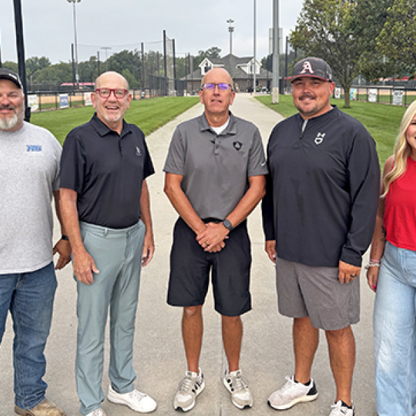 Pictured from left are Robbie Roberts, Sam Moyer, Doug Kittle, Jordan Stithem and Sami Vincent. The group gathered at the Aurorans 4 Diamond Sports complex Thursday to recognize a changing of the guard in volunteer management.