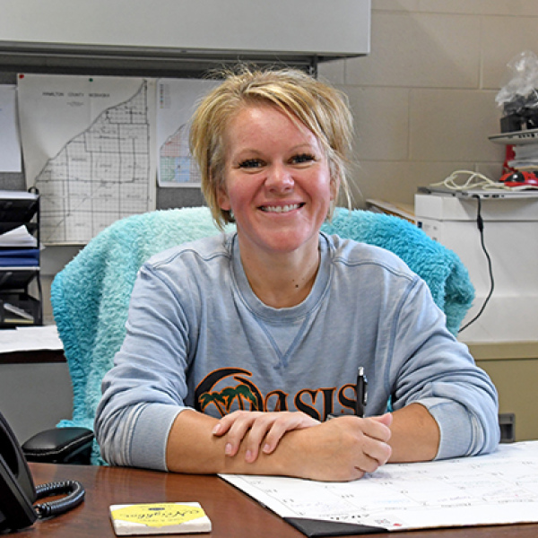 Hamilton County Planning and Zoning Director Hillary Betka now greets visitors to the county highway department office. Her office was recently moved out of the county courthouse to the office on B Street, where she also provides part-time administrative help to the highway department. 