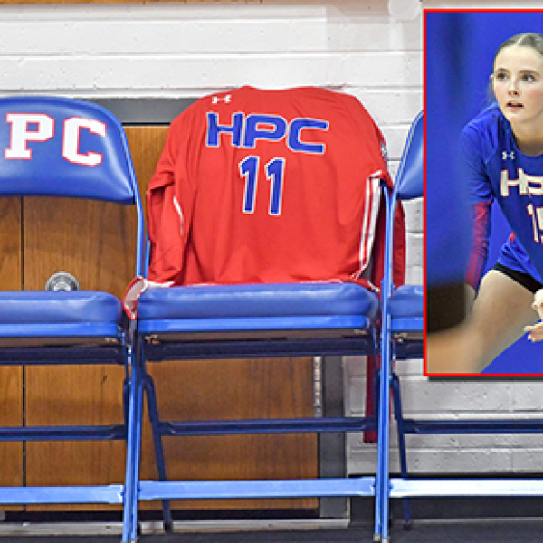 A seat at the front of the High Plains bench was saved for Payton Ackerson, a tribute paid to the High Plains sophomore player who tragically passed away over Labor Day weekend. Inset: Ackerson in a volleyball game during her freshman season a year ago for the Storm.