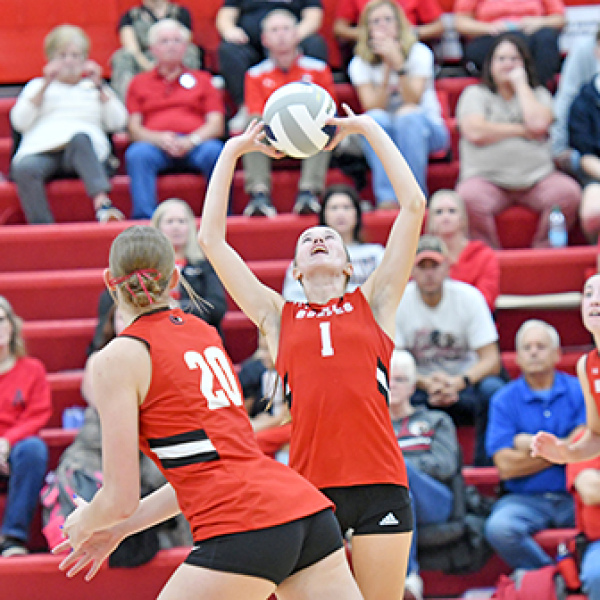 Aurora junior Hailey Hoff (1) hit a career milestone last week, collecting her 2,000th career set assist during the Huskies’ rivalry matchup with Grand Island Northwest in front of a home crowd. 