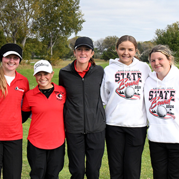 Members of the Lady Husky third place state golf team include, from left: Delainey Phillips, Olivia Dunn, Ellie Beck, Elin Coufal and Lexi SaBell.