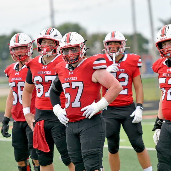 Aurora’s starting offensive linemen include, from left: Ryan Carlson (56), Alex Wolf (67), Gabe Gibson (57), Tucker Theriot (72) and Jacob Molliconi (52). 