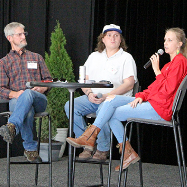 Representatives of the Nebraska Department of Water, Energy and Environment present a program on the department’s new ONE RED program at the recent Husker Harvest Days farm expo. From left are Doug Barry, Sam Fleagle and Alexa Davis. 