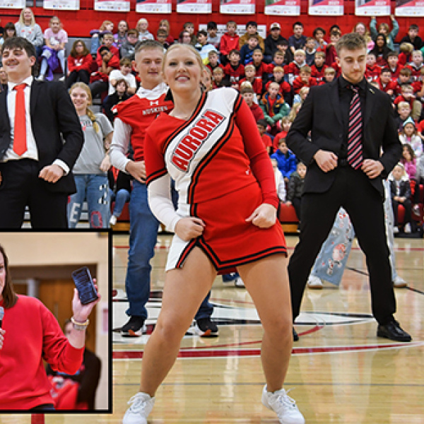 One of the senior dance numbers at the Homecoming pep rally. Inset: Pep rally guest speaker Chelsea (Miller) Kaufman