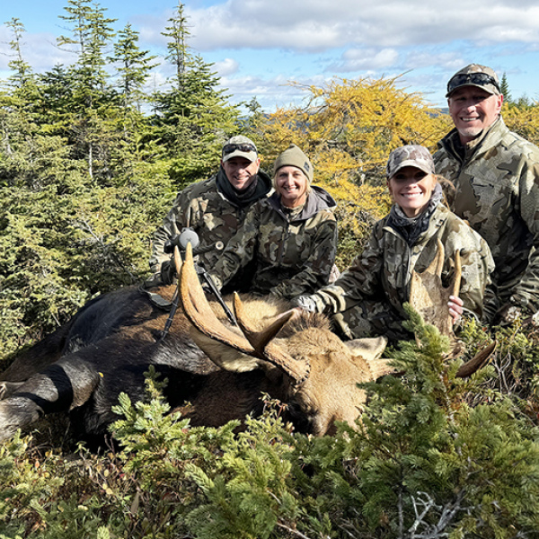 Pictured with one of three bull moose taken on a 2024 hunting trip to Newfoundland are, from left: Cory, Tracy, Megan and Clint Ohlson, all of Aurora.
