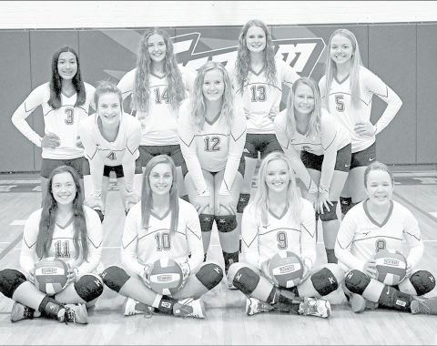 Members of the 2020 High Plains volleyball team include front row, from left: Shelby Warnick, Brooke Bannister, Brianna Wilshusen, Sarah Person. Middle row: Alexis Kalkwarf, Gordona Howell, Hannah Hodgman. Back row: Esperanzn Lesiak, Emily Ackerson, Kenzie Wruble, Hailey Lindburg. News-Register/Richard Rhoden