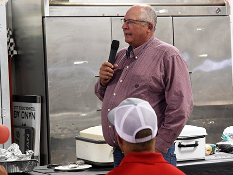 Sen. Curt Friesen speaks with members of the Hamilton County Corn Growers Association during their 2020 Plot Tour. News-Register/Jeni Moellenberndt