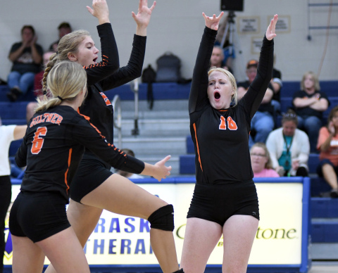 Giltner celebrates a point during its win over Nebraska Lutheran Thursday.