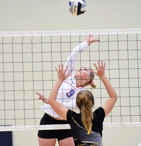 Brianna Wilshusen records an attack during HPC's win over Shelby-Rising City at the CRC tournament Saturday.