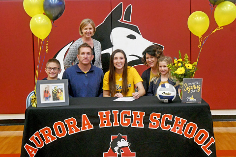 Kassidy Hudson signed her letter of intent with Saint Mary alongside her parents, Cameron and Holly, brother Cooper and sister Hadley as well as Aurora coach Lois Hixson. 