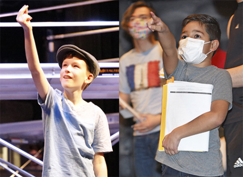 Les (played here by Kash Hanneman at right and Adrik Diaz at left) prepare to take the stage next week for the Aurora High School’s presentation of the musical Newsies.