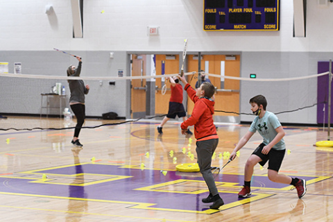 Hampton’s gymnasium is converted into a badminton court three times a week as part of a new badminton club for students in the fifth through eighth grade. Participants compete Tuesdays and Thursdays after school and on Saturday mornings in a five-week spring season.