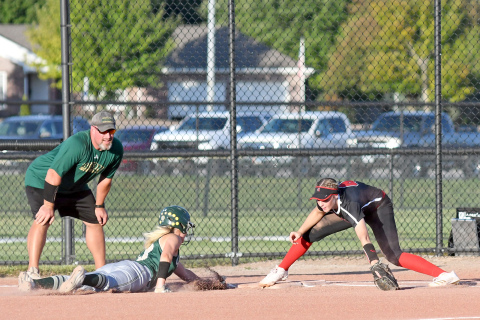 Eva Fahrnbruch slaps the tag at third during Aurora’s 13-5 win over Central City Thursday night. Fahrnbruch later pitched a complete game shutout during the GINW tournament Saturday. 