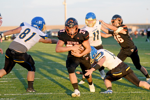 Taylor Smith was a bulldozer on the ground for Giltner Friday night, totaling 239 yards and four touchdowns on 21 carries. 