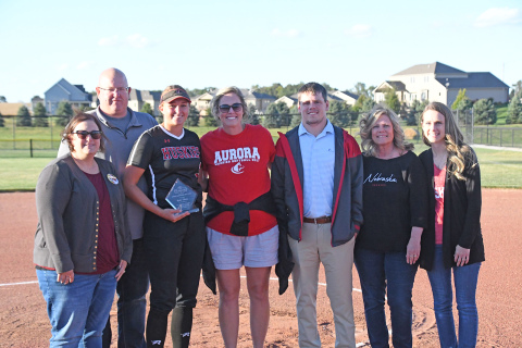 Pictured at the presentation of “The Henderson Scholarship” are, from left: Kelsey, Gerad and Rylee Olsen, Ashton Voss, Brock Henderson, Lora Henderson and Shea Willems.