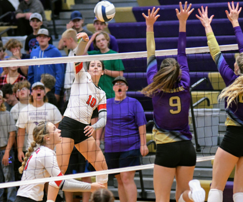 Aleah Vinkenberg had a solid night offensively in Aurora's four-set win over Holdrege Tuesday night. 