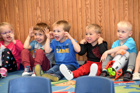 Enjoying an activity at the Aurora Child Care center are, from left, Emily Burson, Finn Dirkschneider, Charlie Mitchell, Cannon Dunn and Harrison Hunnicutt.