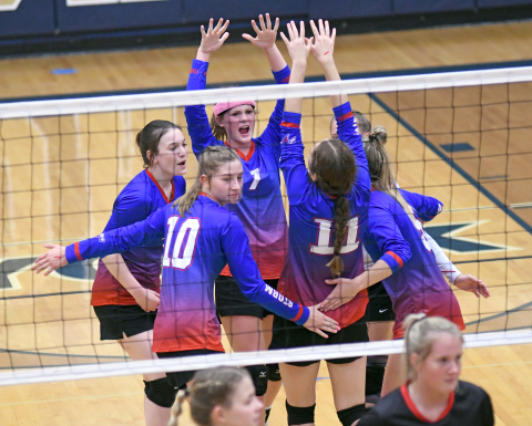High Plains celebrates a point during its quarterfinal matchup with Meridian in the CRC tournament Saturday. 