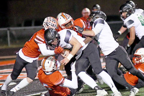 Omaha Skutt quarterback Caden Becker was met at the goal line by several Husky defenders, including Mack Owens, Britton Kemling and Tate Nachtigal. Aurora had the last laugh, defeating the SkyHawks 21-17 after trailing by 10 in the fourth quarter. Listen to Owens’ thoughts on a return trip to the Class B finals in our weekly Husky Highlight video on the ANR website and social media channels. 