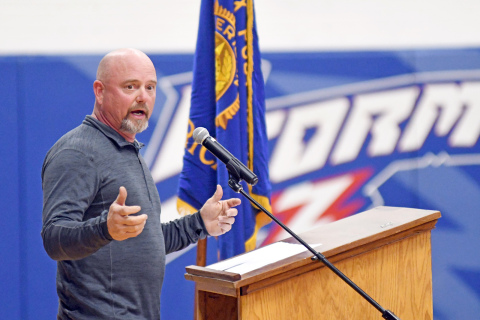 Keynote speaker Ryan Bresnahan shared small anecdotes during his presentation at HPC’s Veterans Day program Thursday.  