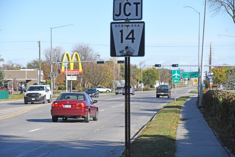 Traffic at the Highway 14 and 34 intersection in Aurora is often busy, as captured here in the middle of a weekday afternoon. Economic development officials say traffic data is often a major factor in business recruitment.