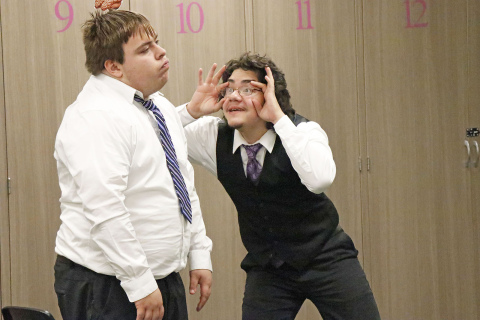 High Plains duo Vaughn Pedersen (left) and Nathan Ertzner got a number of laughs out of the room with their varsity duet acting piece.