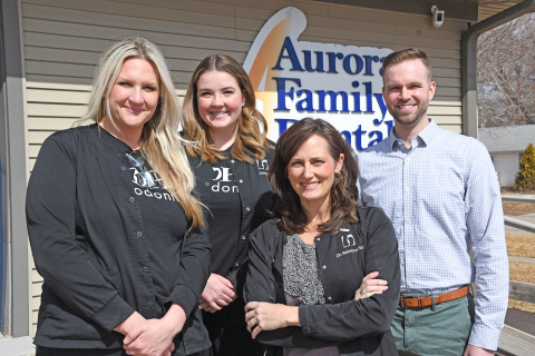 Pictured during their first day of operations at the Hohl Orthodontics satellite office in Aurora are from left: Jenny Fleek, Jenny Schenk, Dr. Rebecca Hohl and Dr. Landon Peterson.