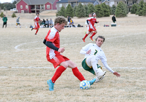 Britton Kemling scored Aurora’s only goal in the Huskies’ 6-1 loss to Kearney Catholic at home April 5. 
