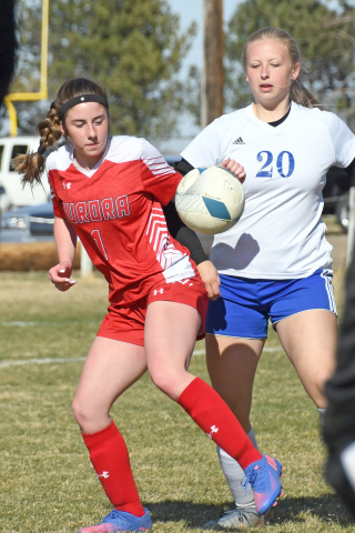 Aurora’s Laighla Rice battles for possession during the second half of Aurora’s 3-1 loss to Columbus Lakeview Monday in the third place game of the Central Conference tournament. 