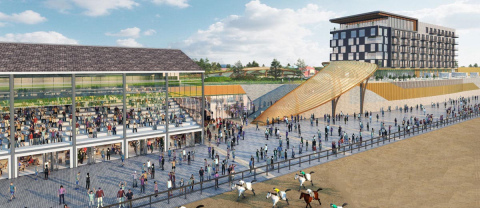Pictured here are two artist renderings of the proposed Grand Island Casino Resort and Hotel. The version above offers a view from the existing race track area, while the view below focuses on the casino look from north.
