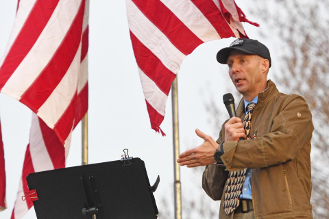 Retired Air Force Colonel and president of Cause of America Shawn Smith delivers a speech on election security issues. His main suggested solution was a return to hand-ballots counted by the local precinct.