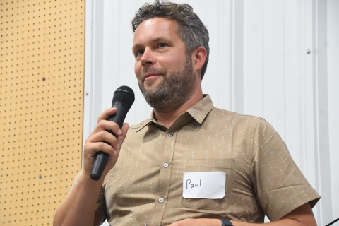 Paul Schiefer gives a keynote address to those assembled at the Grain Place for Field Day July 16. He explained his background in ag as well as Amy’s Kitchen trying to reach a balance between sustainable and profitable organic foods. 