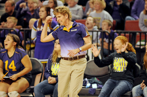 Hampton coach Diane Torson celebrates a point during her final state tournament run in 2016. The longtime Hawk coach is retiring from the varsity sideline after 36 seasons, but will continue to teach in the coming years. 