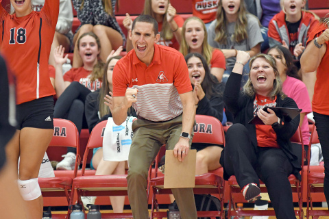 Andrew Murillo (left) takes over the Aurora volleyball program from Lois Hixson, who retired after 16 seasons. Sitting at Murillo’s right is new assistant coach Rachelle Kruml. 