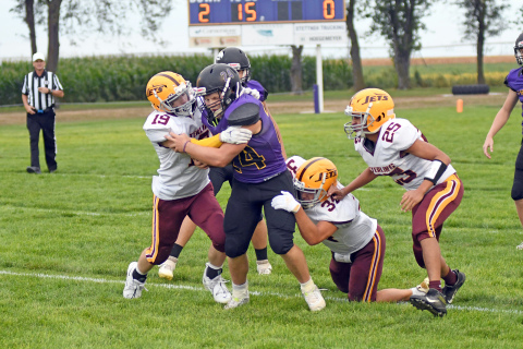 Evan Pankoke was the spark Hampton needed Friday, shown here running through several Sterling Jets defenders in the first half of the Hawks’ 32-12 loss at home.  